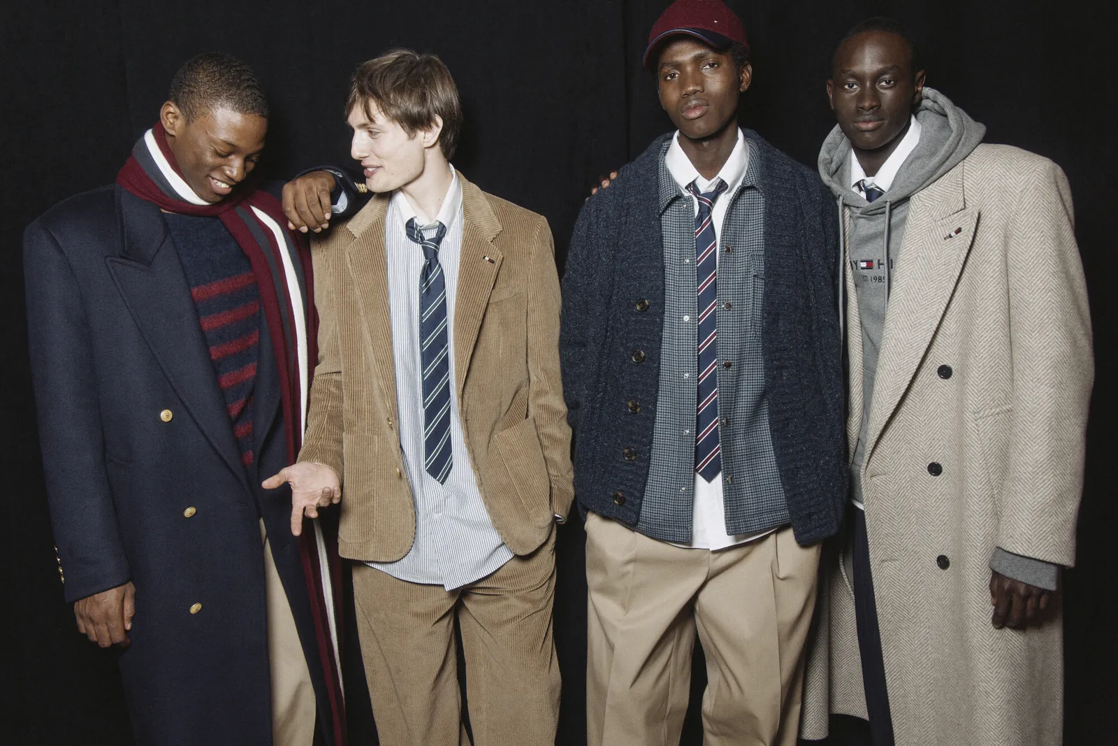 Four models in the Fall Winter 2024 collection, backstage at Grand Central Terminal